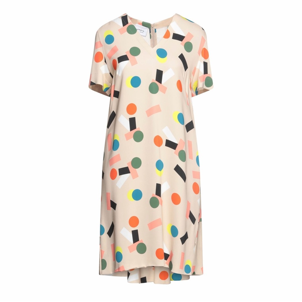 Akris Punto Memphis Bell Air Print Shift Dress Beige Dots Shapes Confetti Geo 6